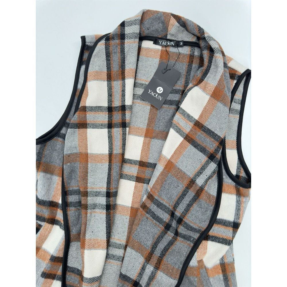 Yacun Open Front Plaid Vest Women's Size Medium Sleeveless‎ Cardigan Pockets NEW